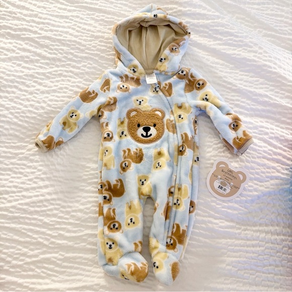 Little Beginnings Other - NWT Little Beginnings 0-3M Bear Fleece Pramsuit Hooded Winter Jumpsuit
